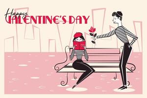glücklich Valentinstag Tag Banner, Hintergrund. horizontal Poster mit Mime Paar im Stadt Park im modisch retro Stil von 60er Jahre 70er. Vektor Illustration.