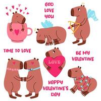 uppsättning söt härlig capybaras. djur- för hjärtans dag. vektor tecknad serie illustration för skriva ut klistermärken, kort, affisch, textil.