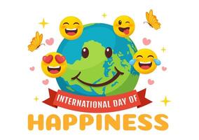 Welt Glück Tag Feier Vektor Illustration mit auf 20 März lächelnd Gesicht Ausdruck und Gelb Hintergrund im eben Karikatur Design
