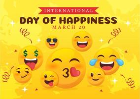 värld lycka dag firande vektor illustration med på 20 Mars leende ansikte uttryck och gul bakgrund i platt tecknad serie design