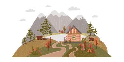 Landschaft Märchen Haus durch das See im das Berge. isoliert Vektor Illustration. zum Kinder, zum Karten, zum Spiele, zum Design