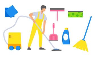 Reinigung Bedienung Ausrüstung sauber Arbeiter Charakter Konzept vektor