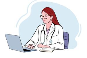 kvinna läkare karaktär använda bärbar dator för effektiv medicinsk öva, integrering teknologi in i henne arbete. vektor