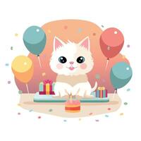 födelsedag katt. fest med kaka, ljus, gåvor och konfetti. vektor illustration