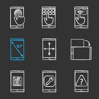 smartphone krita ikoner set. pekskärm, knappsats, draggest, skärmrotation, tumstorlek, skärmstorlek, sparaknapp, inställningar, faq. isolerade svarta tavlan vektorillustrationer vektor
