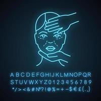 Kosmetikerin Untersuchung Neonlicht-Symbol. Kosmetologie. kosmetisches Verfahren. Neurotoxin-Injektionspräparat. ästhetische Medizin. leuchtendes Schild mit Alphabet, Zahlen. isolierte Vektorgrafik vektor