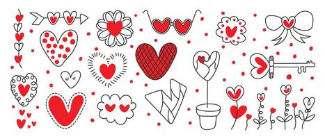 einstellen von Valentinstag Gekritzel Element Vektor. Hand gezeichnet Gekritzel Stil Sammlung von Herz, Pfeil, Taste, Gläser, Band, Blume, Rede Blase. Design zum drucken, Karikatur, Dekoration, Aufkleber, Clip Art. vektor