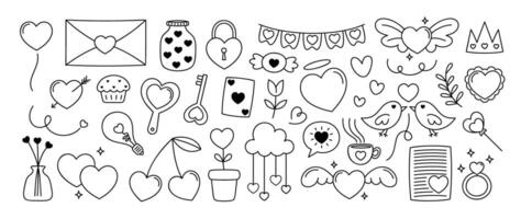 einstellen von Valentinstag Gekritzel Element Vektor. Hand gezeichnet Gekritzel Stil Sammlung von Herz, Vogel, Taste, Umschlag, Flagge, Ring, Krone, Cupcake. Design zum drucken, Karikatur, Dekoration, Aufkleber, Clip Art. vektor