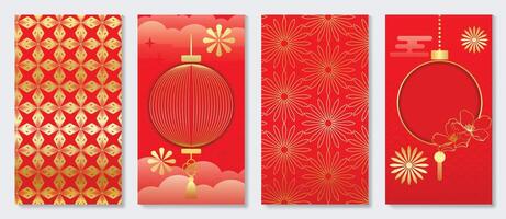 kinesisk ny år omslag bakgrund vektor. lyx bakgrund design med kinesisk mönster, blomma, lykta moln. modern orientalisk illustration för omslag, baner, hemsida, social media. vektor