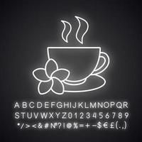 Kräuterteetasse Neonlicht-Symbol. Teetasse mit Plumeria-Blume. leuchtendes Schild mit Alphabet, Zahlen und Symbolen. isolierte Vektorgrafik vektor