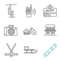 vinteraktiviteter linjära ikoner set. stollift, walkie talkie, liftkort, fotokamera, snöskoter, stuga, hockeyutrustning, släde, snowboard. tunn linje kontursymboler. isolerade vektor kontur illustration