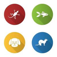 husdjur platt design lång skugga glyph ikoner set. ödla, guldfisk, malteserhund, iller. vektor siluett illustration