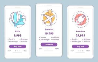 Tarifpläne beim Onboarding von Vektorvorlagen für mobile App-Bildschirme. Walkthrough-Website-Seiten-Schnittstelle. Basis-, Standard- und Premium-Lieferservicepreise. Layout der Webseite für die Zahlung der Smartphone-Mitgliedschaft vektor