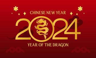 2024 Chinesisch Neu Jahr, Jahr von das Drachen Banner Vorlage Design mit Drachen, Wolken und Blumen ba vektor