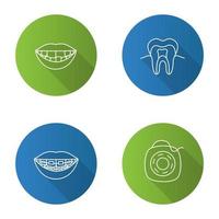 tandvård platt linjär lång skugga ikoner set. stomatologi. saknad tand, tandstruktur, tandställning, tandtråd. vektor kontur illustration