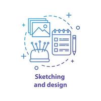 Kleidung Design skizziert Konzeptsymbol. Schneideridee dünne Linie Illustration. Nähen. Schneiderwerkstatt an. Vektor isolierte Umrisszeichnung