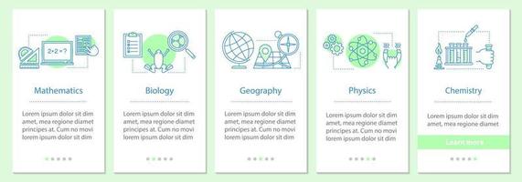 Schulfächer Onboarding mobiler App-Seitenbildschirm mit linearen Konzepten. Mathematik, Biologie, Geographie, Physik, Chemie Schritte grafische Anweisungen. ux, ui, gui-Vektorvorlage mit Illustrationen vektor