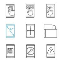 Lineare Smartphone-Symbole gesetzt. Touchscreen, Tastatur, Ziehgeste, Displayrotation, Zollgröße, Bildschirmgröße ändern, Schaltfläche zum Speichern, Einstellungen, FAQ. dünne Linienkontursymbole. isolierte vektorumrissillustrationen vektor