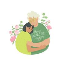 ein glücklich Alten Mutter und ihr Erwachsene Tochter sind umarmen gegen ein Hintergrund von Blumen- Motive vektor