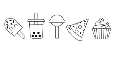 snabb mat vektor linje ikoner uppsättning. hamburgare, munk, franska pommes frites, varm hund, kabab, pizza, is grädde, pizza vektor illustrationer. tunn tecken för restaurang meny. pixel perfekt 64x64. redigerbar stroke