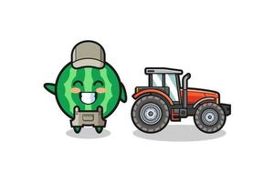 das Maskottchen des Wassermelonenbauern, das neben einem Traktor steht vektor