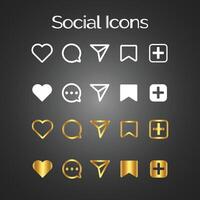Sozial Symbole Weiß und golden Thema einstellen von generisch Sozial Medien Benutzer Symbole. wie, Kommentar, Teilen vektor