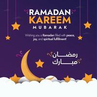 Ramadan Mubarak. Ramadan kareem 2024 Banner Post mit Halbmond Mond und hängend Sterne. Ramadan 2024 Banner, Karte und Sozial Medien Post mit lila Farbe Thema. Ramzan heilig Monat Vektor Wunsch