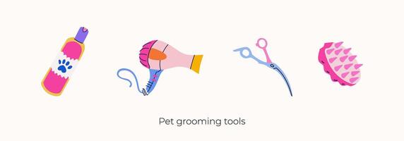 vektor cliparts uppsättning av sällskapsdjur grooming verktyg. hår torktumlare, böjd sax, schampo och sudd borsta. Utrustning för professionell groomers i platt trendig färgrik stil