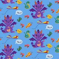 süß und hell Hand gezeichnet Drachen nahtlos Muster. Kinder Spaß Konzept. Vektor Kinder Illustration im kawaii Karikatur Stil. modisch drucken Design zum Textil, Hintergrund, Verpackung, Hintergrund