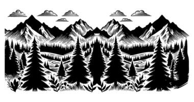 panorama silhuett berg med skog tall träd landskap svart linje skiss konst hand dragen stil vektor illustration