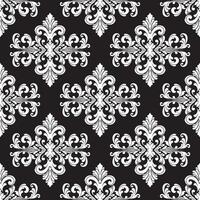 Damast Stoff Textil- nahtlos Muster Luxus dekorativ Zier Weiß Element auf schwarz Hintergrund. Platz Stil. Vorhang, Teppich, Hintergrund, Fliese, Verpackung, Textil- vektor
