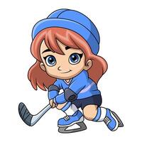 söt liten flicka tecknad serie spelar is hockey vektor