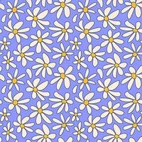 abstrakt groovig Blumen- Hippie nahtlos Muster. bunt Gliederung verzerrt Gänseblümchen Blumen lila Hintergrund im modisch retro Stil. Vektor Illustration