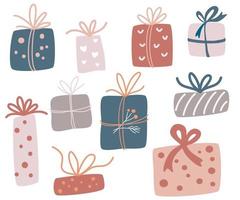 Geschenkboxen-Set, mit Bändern. Artikel für Geburtstag, Weihnachten und Neujahr. Hand zeichnen Geschenke. Stilvolles dekoratives Papierpapier zum Verpacken von Geschenken. Vektor-Cartoon-Illustration vektor