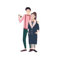 ung modern par av man och kvinna klädd i eleganta kläder fattande och framställning selfie på smartphone. begrepp av hipster livsstil. vektor illustration.