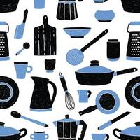 nahtlos Muster mit schwarz und Blau Küche Utensilien, Geschirr, Geschirr und Werkzeuge gegen Weiß Hintergrund. Vektor Illustration im modisch Stil zum Stoff drucken, Hintergrund, Verpackung Papier, Hintergrund.