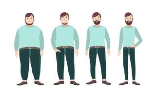 Visualisierung von Gewicht Verlust Stufen von männlich Karikatur Charakter, von Fett zu schlank. Konzept von Körper Ändern durch Diät, gesund Ernährung und Sport. Vektor Illustration.