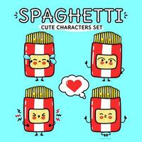 komisch süß Pack Spaghetti Zeichen bündeln Satz. Vektor Hand gezeichnet Gekritzel Stil Karikatur Charakter Illustration Symbol Design. isoliert auf Blau Hintergrund. Pack Spaghetti Maskottchen Charakter Sammlung