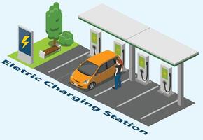 isometrisk ev laddning station för elektrisk bil med mobil app visa laddare status. bil laddare. elektromobil laddning station vektor
