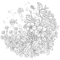 Gliederung Vektor Zeichnung von Blumen und Schmetterlinge zum Erwachsene Färbung Bücher. Seite von Blumen- Elemente im schwarz und Weiß.