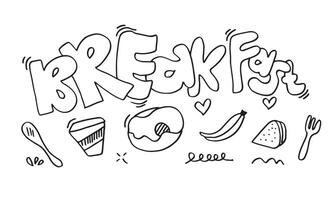 frukost tid logotyp, gaffel, banan, text, kalligrafi logotyp. hand dragen vektor illustration.