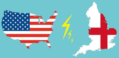 Karte von vereinigt Zustände von Amerika und England auf Flagge innen. uns vs. England. vektor