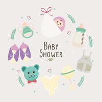 Babyparty-Schriftzug-Karte mit Set-Icons herum vektor