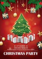 inbjudan god jul röd part affisch banner och kort formgivningsmall. glad semester och nytt år träd och presentaskar tema koncept. vektor