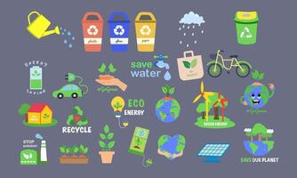 ekologi ikon uppsättning. jorden, miljö, hållbarhet, natur, återvinna, förnybar energi sådan som elektrisk cykel och bil, miljövänlig, vind kraft, grön symbol. fast ikoner vektor samling