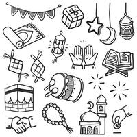 uppsättning av vektor klotter element relaterad till eid mubarak. uppsättning av hand dragen symboler och ikoner för helig muslim festival eid ul-fitr.