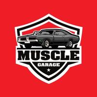 muskel bil garage redo tillverkad emblem logotyp vektor isolerat i röd bakgrund. bäst för bil- relaterad industri