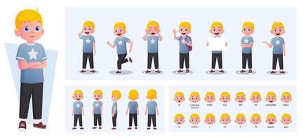 Karikatur blond Junge Charakter Konstrukteur und Animation Pack mit Gesten, Emotionen und Aktionen. wenig Junge Seite, Vorderseite, Rückseite Sicht. beweglich Teile zum Animation und lippensynchron Vektor Illustration.