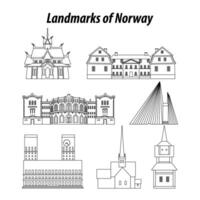 einstellen von Norwegen berühmt Sehenswürdigkeiten durch Silhouette Gliederung Stil vektor