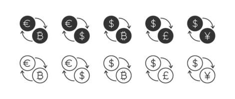 Währung Austausch Gliederung Symbol Satz. Dollar, Euro, Bitcoin, Pfund, Yen. Geld Symbol, finanziell Krise. einfach Vektor Illustration.